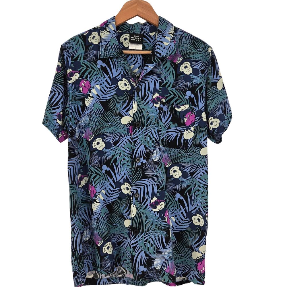 Disney Mickey Mouse Rayon Hawaiian Shirt Tropical Short Sleeve Blue Small